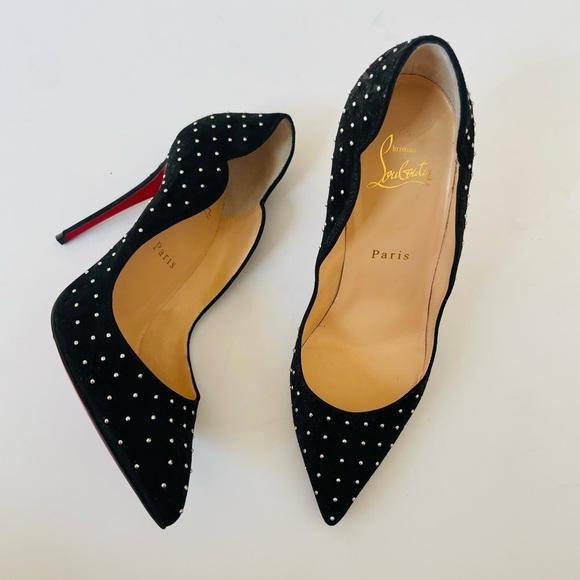 Christian Louboutin Black Suede leather Hot Chick 100mm studded plume pumps EU37 - Picture 2 of 9